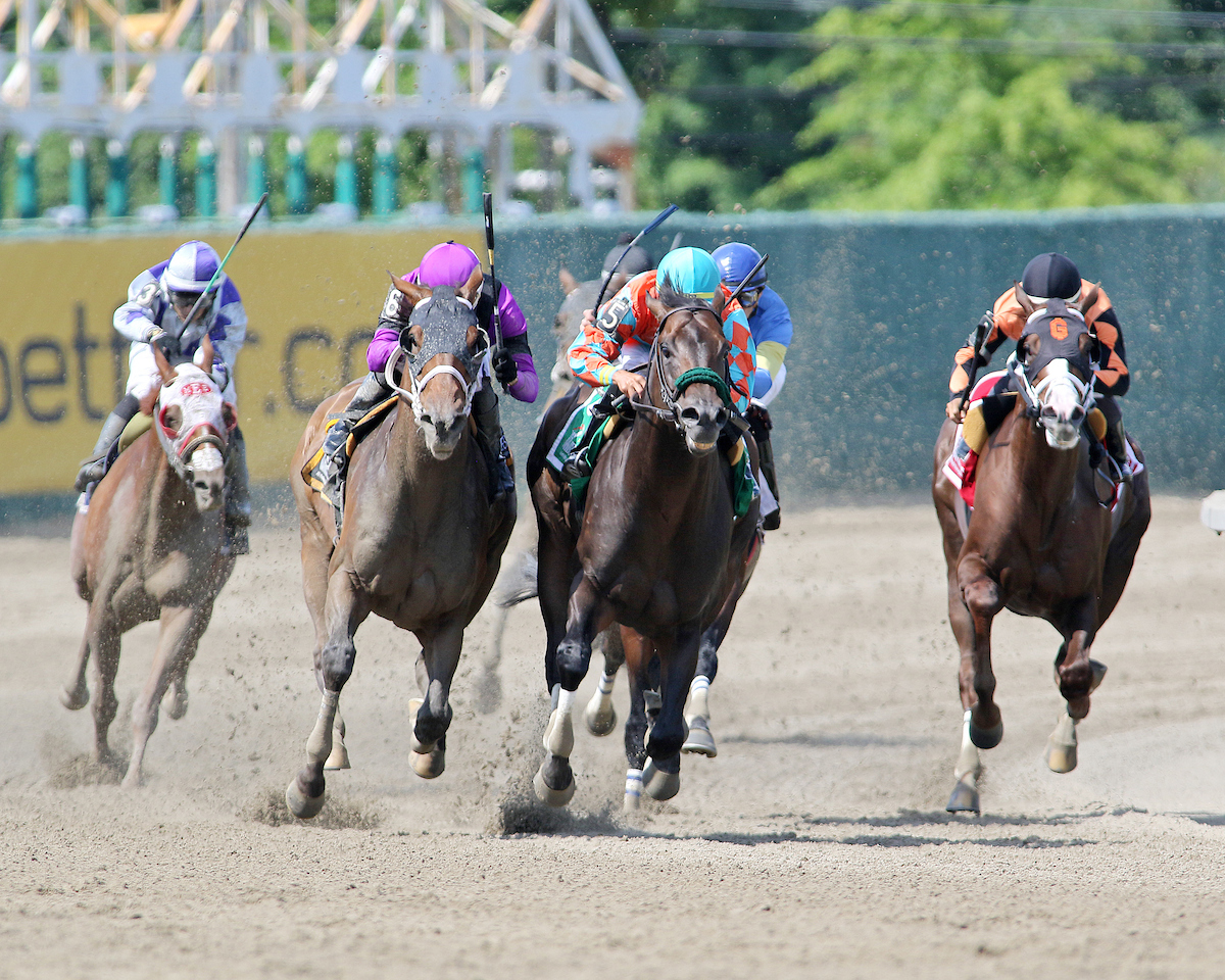 six horses kicking up dirt