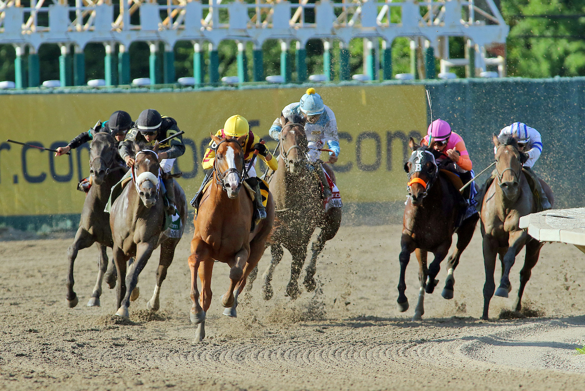 six horses kicking up dirt